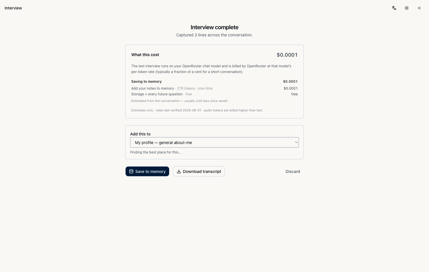 Interview review screen with live cost