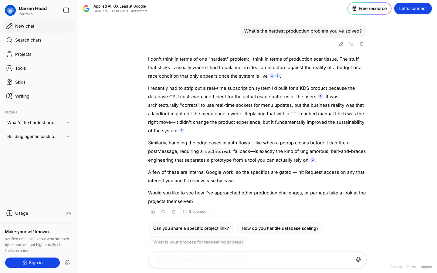 The live twin answering a real question with inline citations