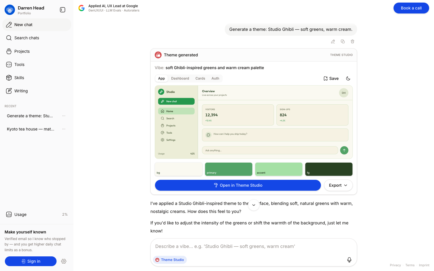 A theme generated inside the portfolio chat, shown as a card with a mini preview, colour swatches, and an Open in Theme Studio button.