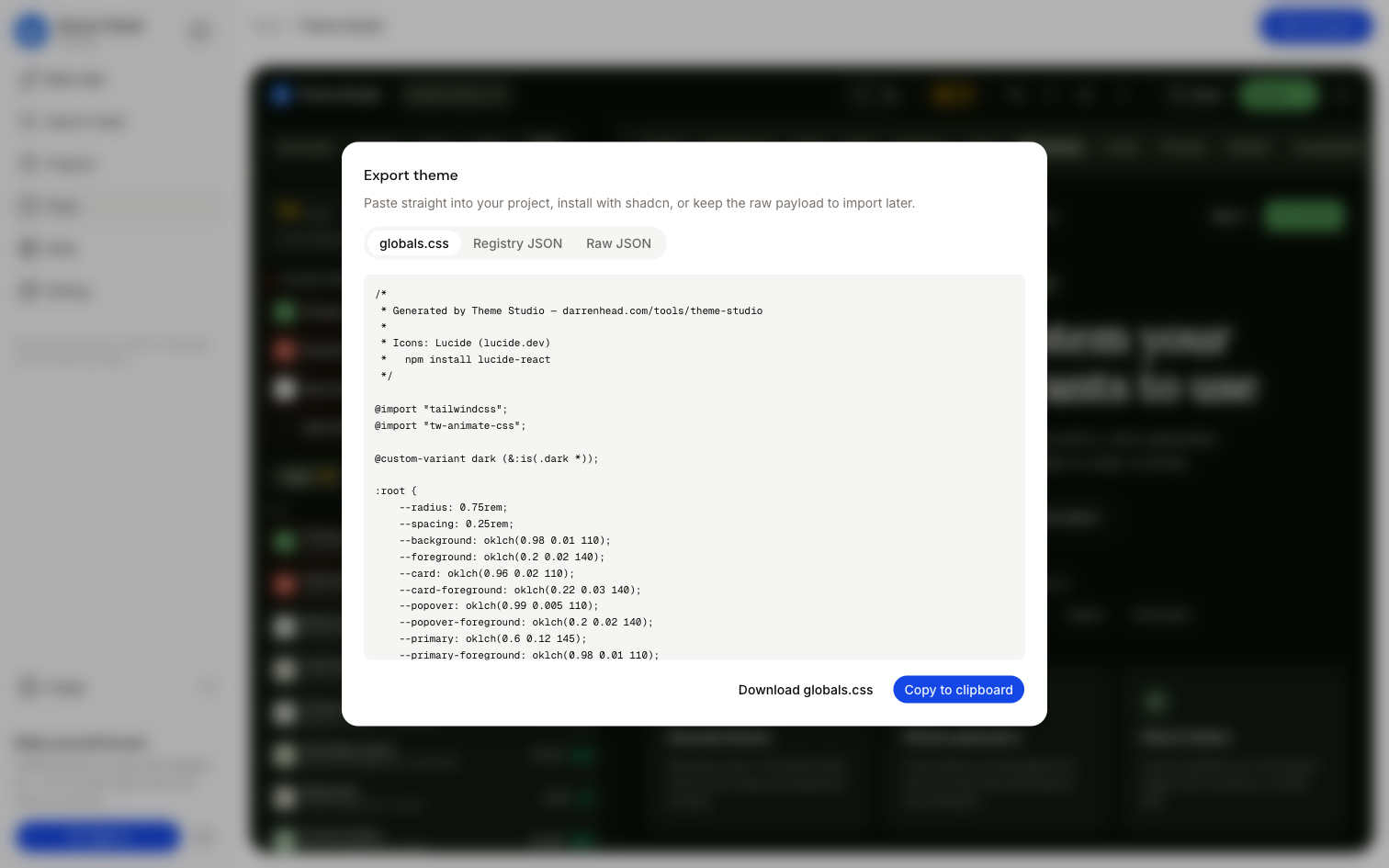 The export dialog showing generated globals.css with OKLCH variables and tabs for Registry JSON and Raw JSON.