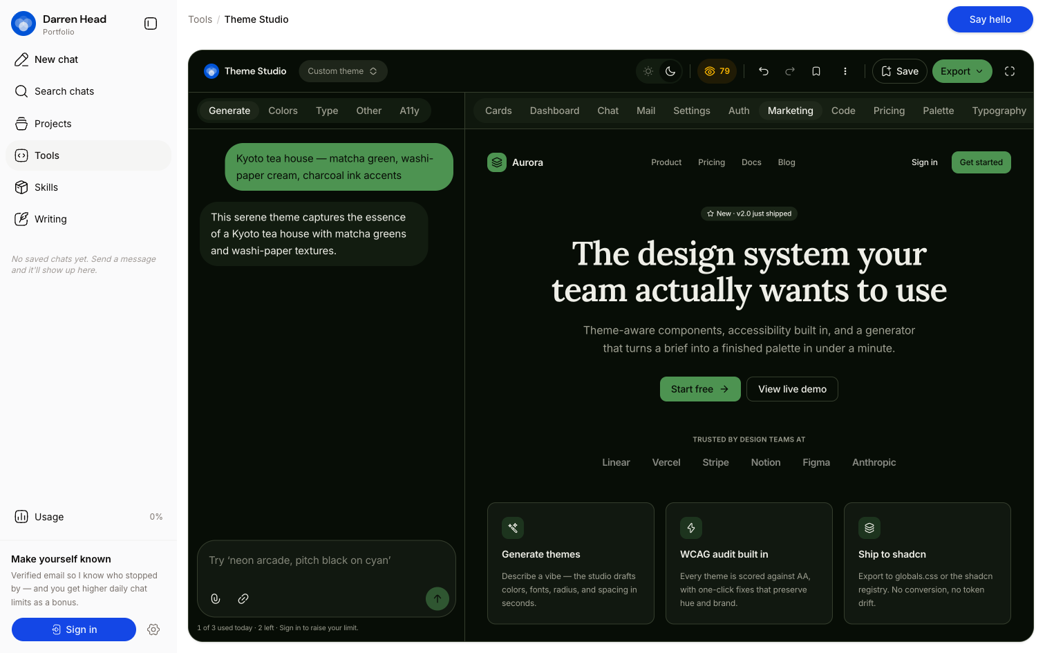 The same generated theme rendered in dark mode with deep charcoal surfaces and matcha accents.