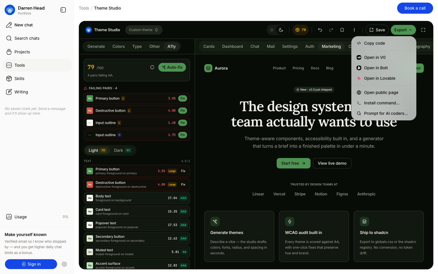 The export menu listing code, V0, Bolt, Lovable, public page, install command, and AI-coder prompt options.