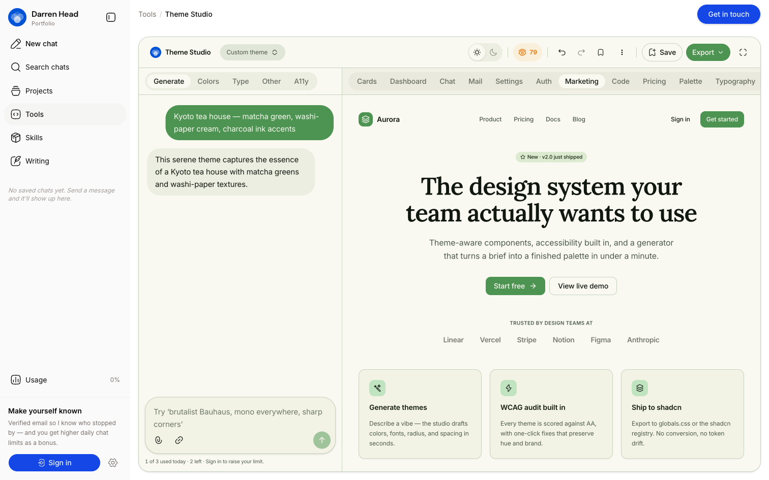 A generated matcha-green theme applied across the marketing preview in light mode.