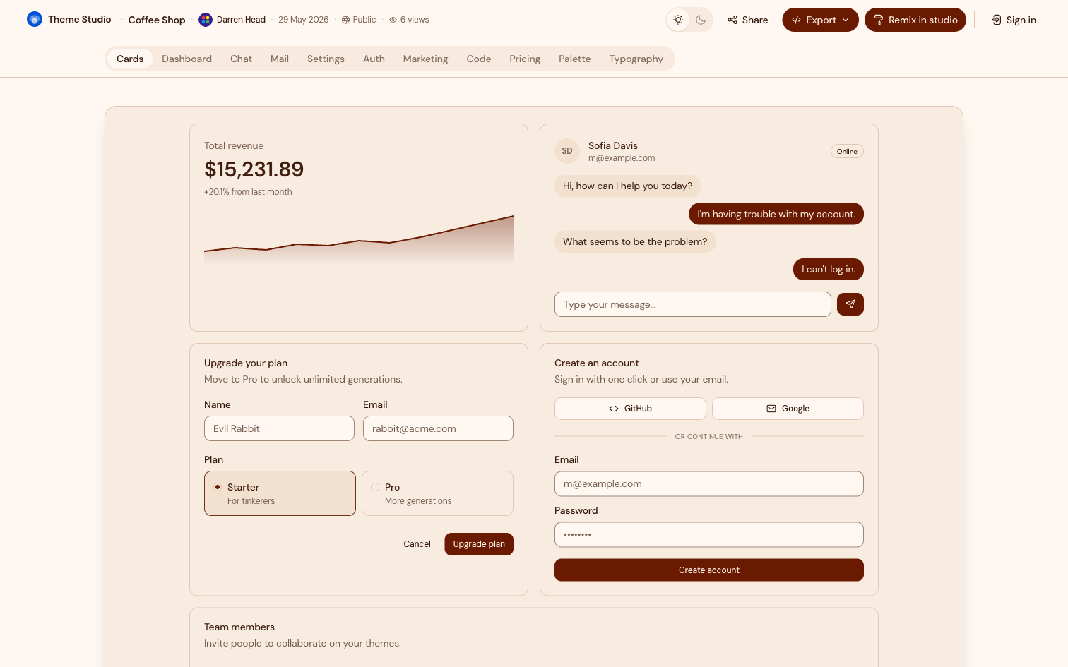 A public shared theme page with warm coffee-brown components, share and export buttons, and a remix call to action.